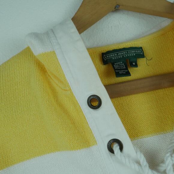 Ralph Lauren Medium Sweater Nautical Stripe Hooded Butter Yellow Preppy Coastal - Picture 9 of 10
